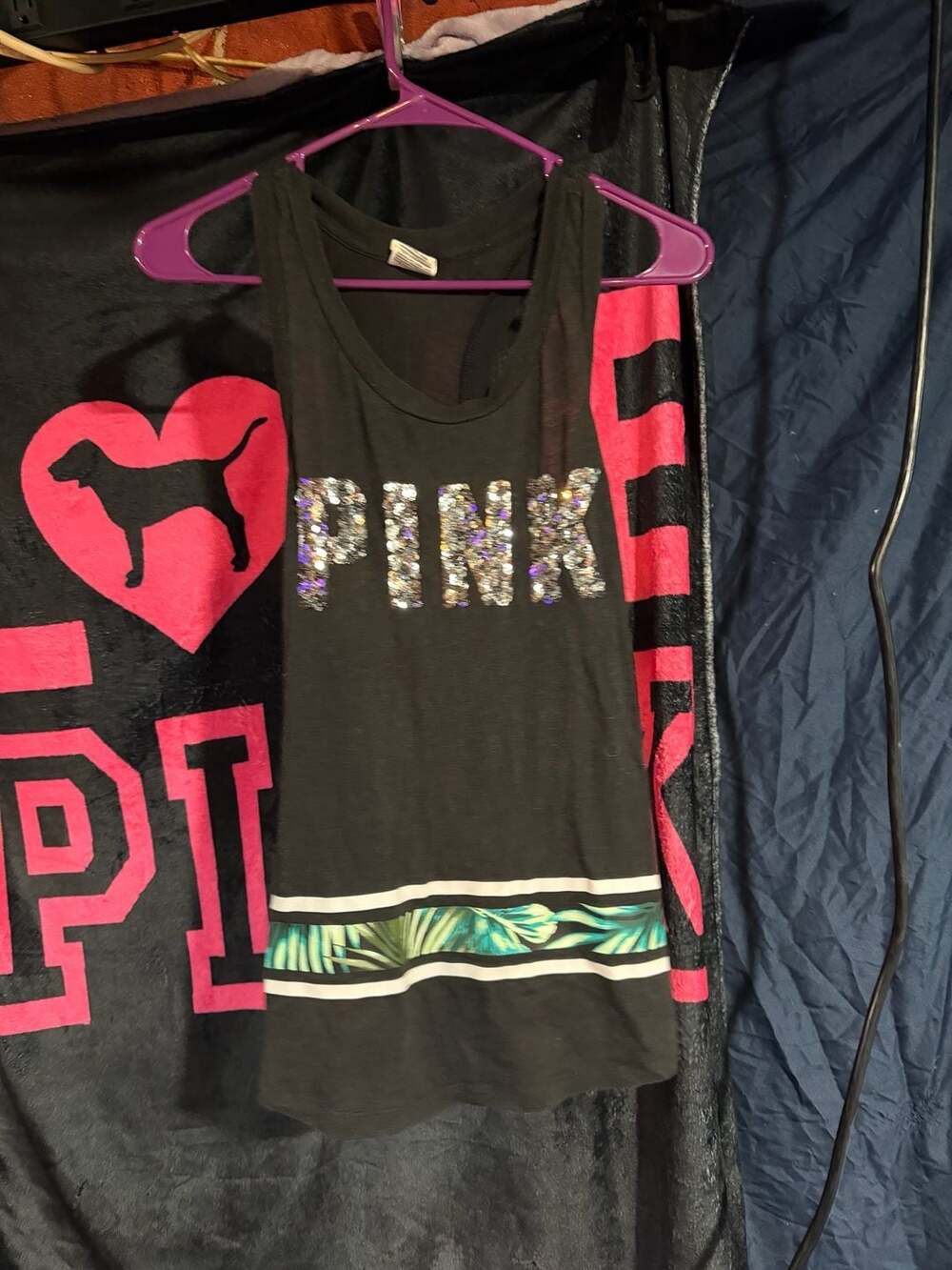 PINK Victoria's Secret Sequin Logo Tropical Print Tank Top XS